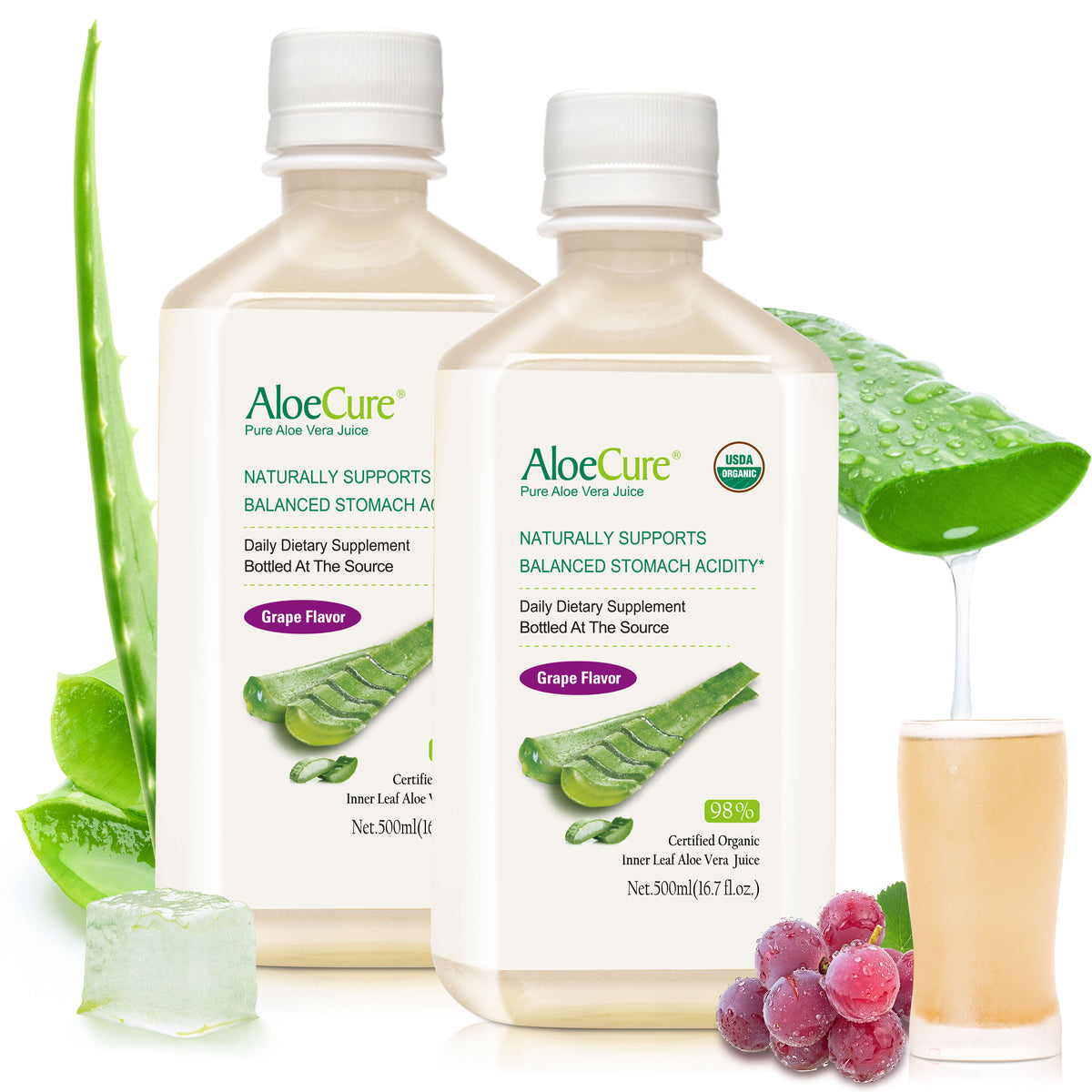 Pure Aloe Vera Juice Grape Flavor - USDA Certified Organic
