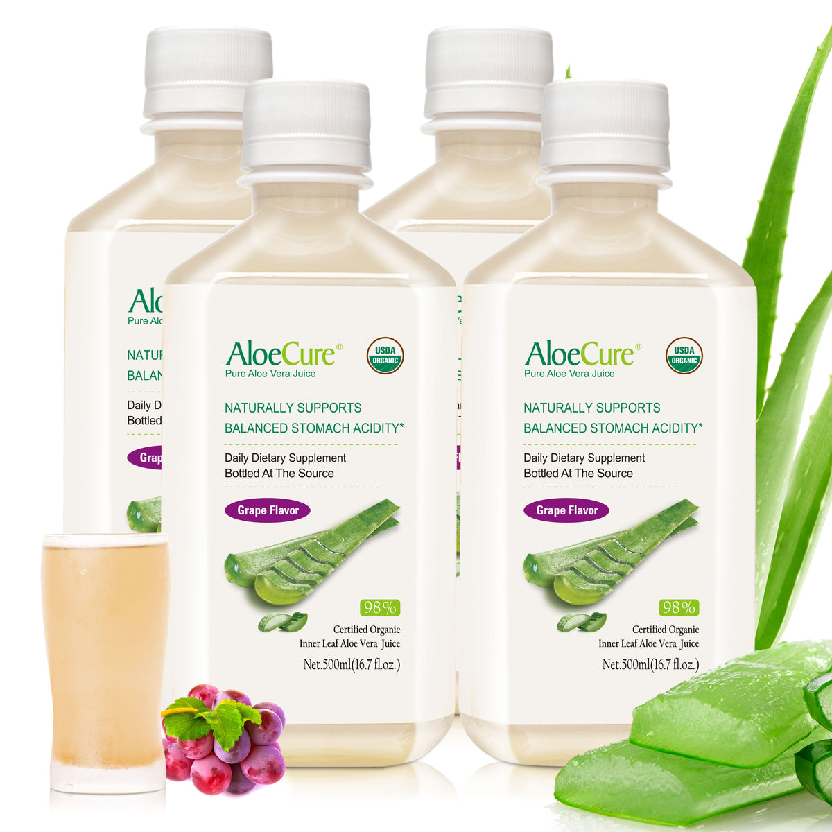 Pure Aloe Vera Juice Grape Flavor - USDA Certified Organic