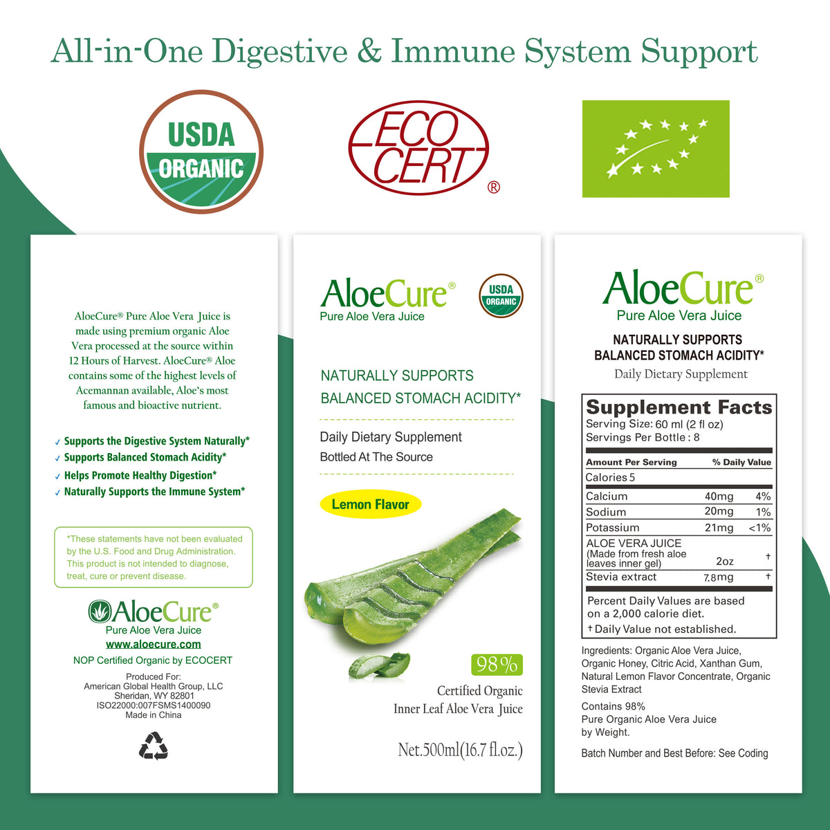 Pure Aloe Vera Juice Lemon Flavor - USDA Certified Organic