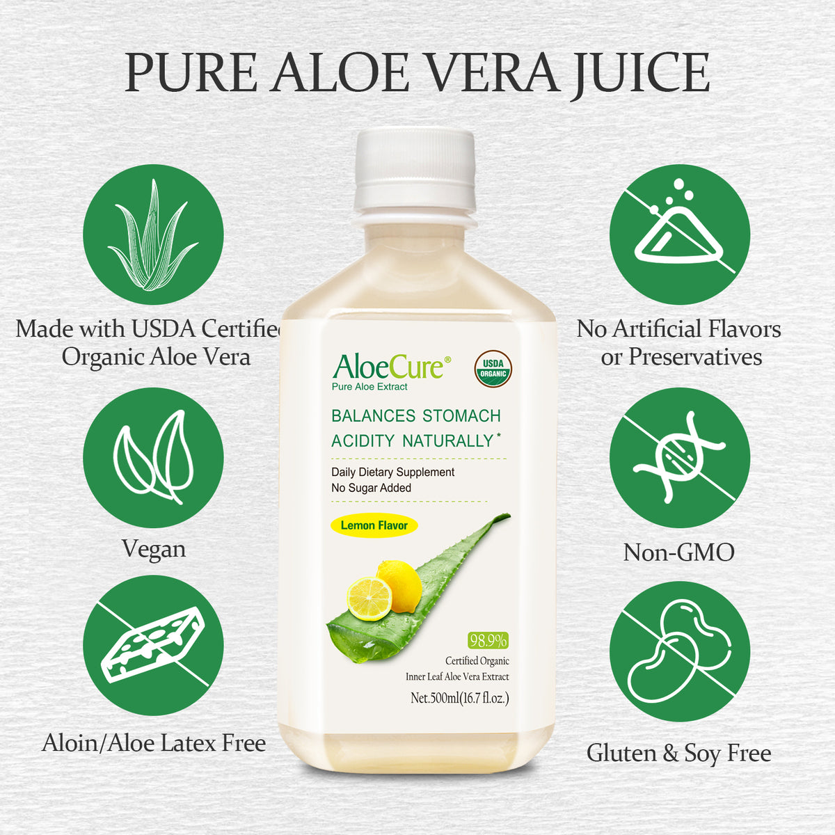 Pure Aloe Vera Juice Lemon Flavor - USDA Certified Organic