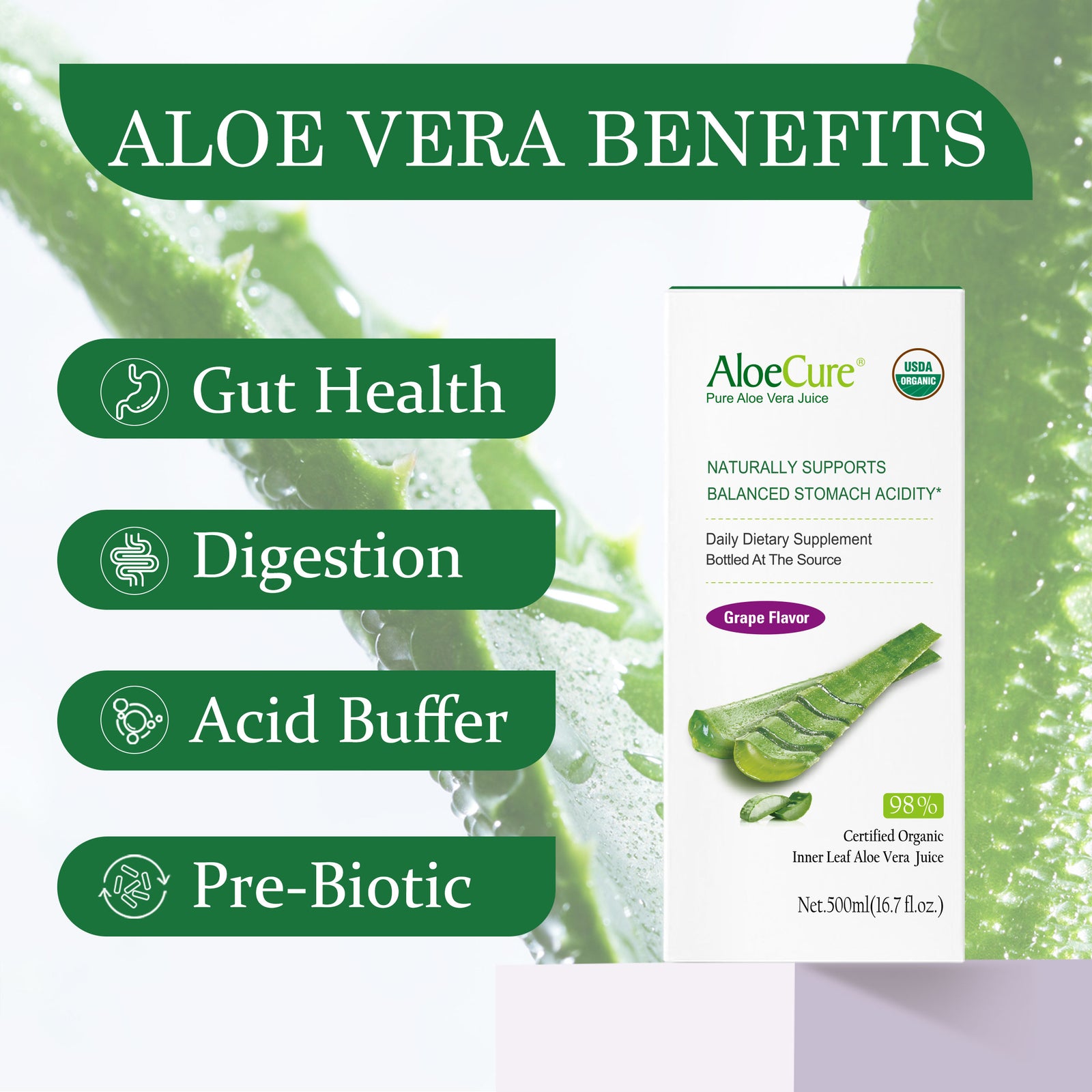 Pure Aloe Vera Juice Grape Flavor - USDA Certified Organic
