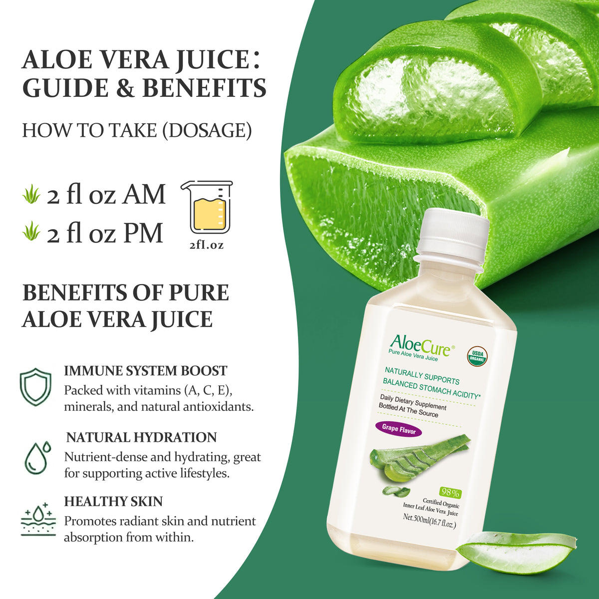 Pure Aloe Vera Juice Grape Flavor - USDA Certified Organic