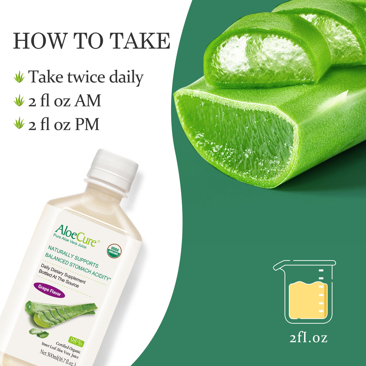 Pure Aloe Vera Juice Grape Flavor - USDA Certified Organic