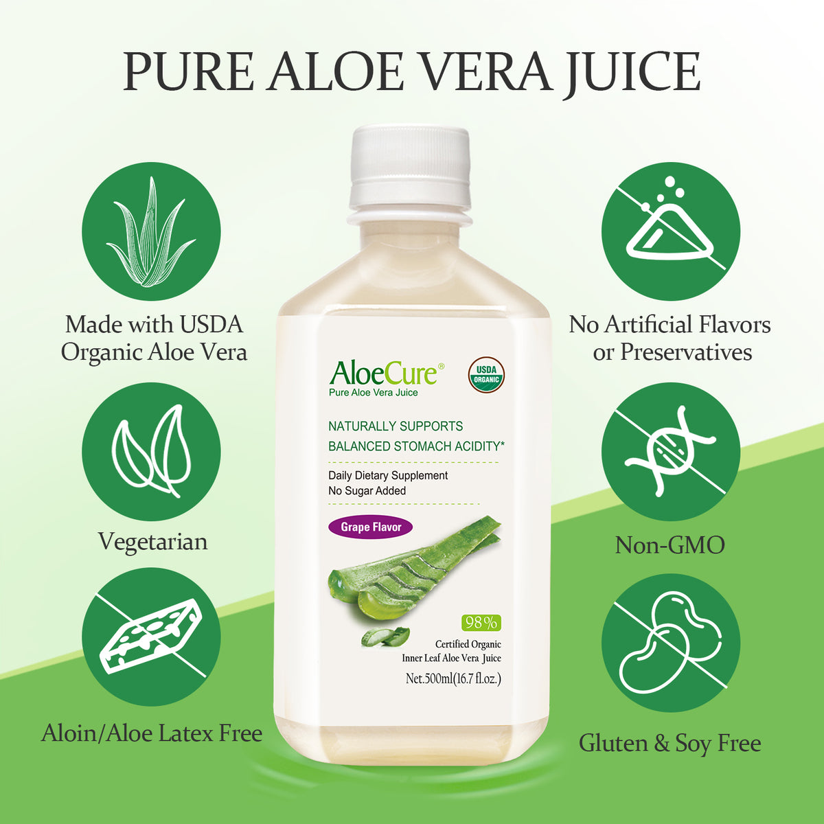 Pure Aloe Vera Juice Grape Flavor - USDA Certified Organic