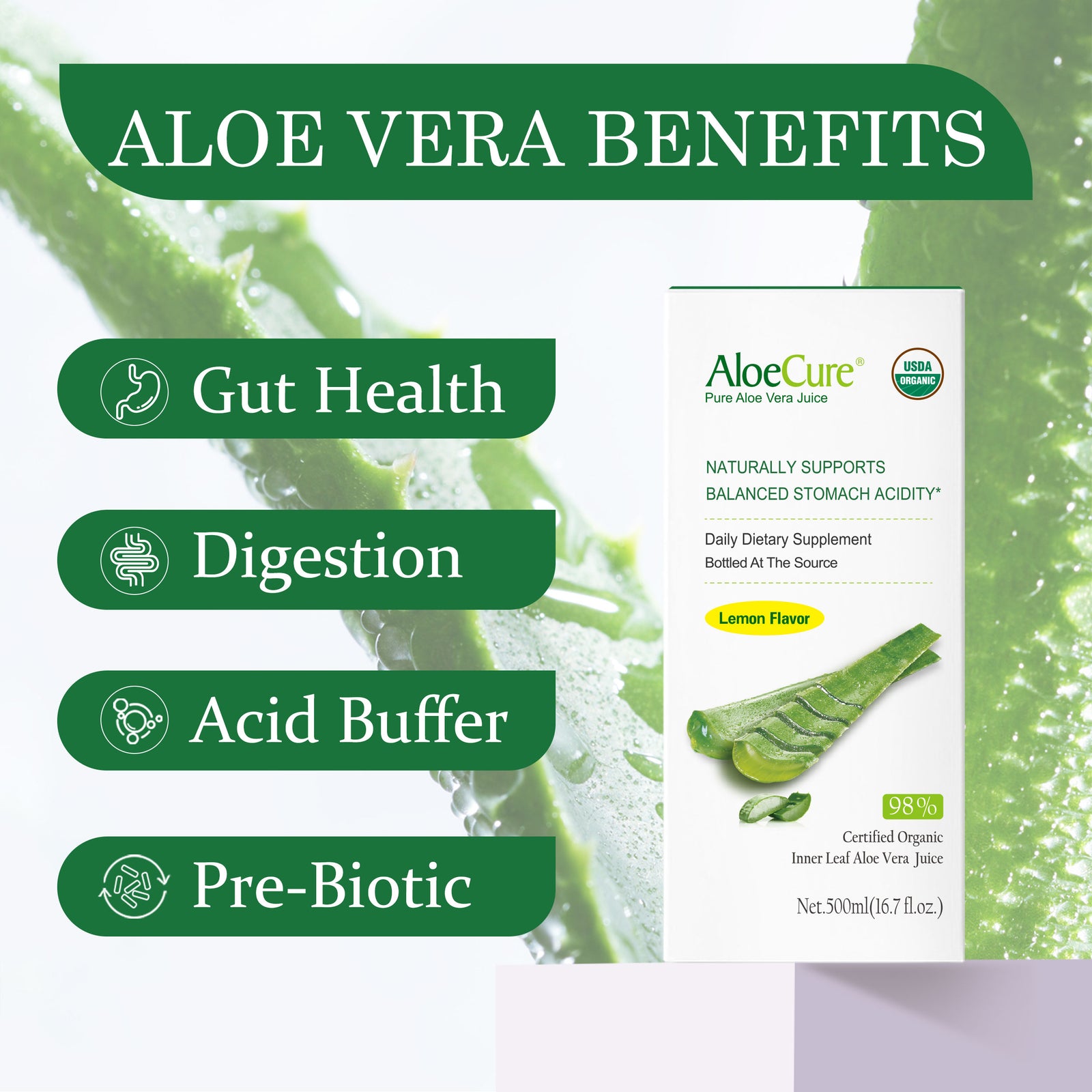 Pure Aloe Vera Juice Lemon Flavor - USDA Certified Organic
