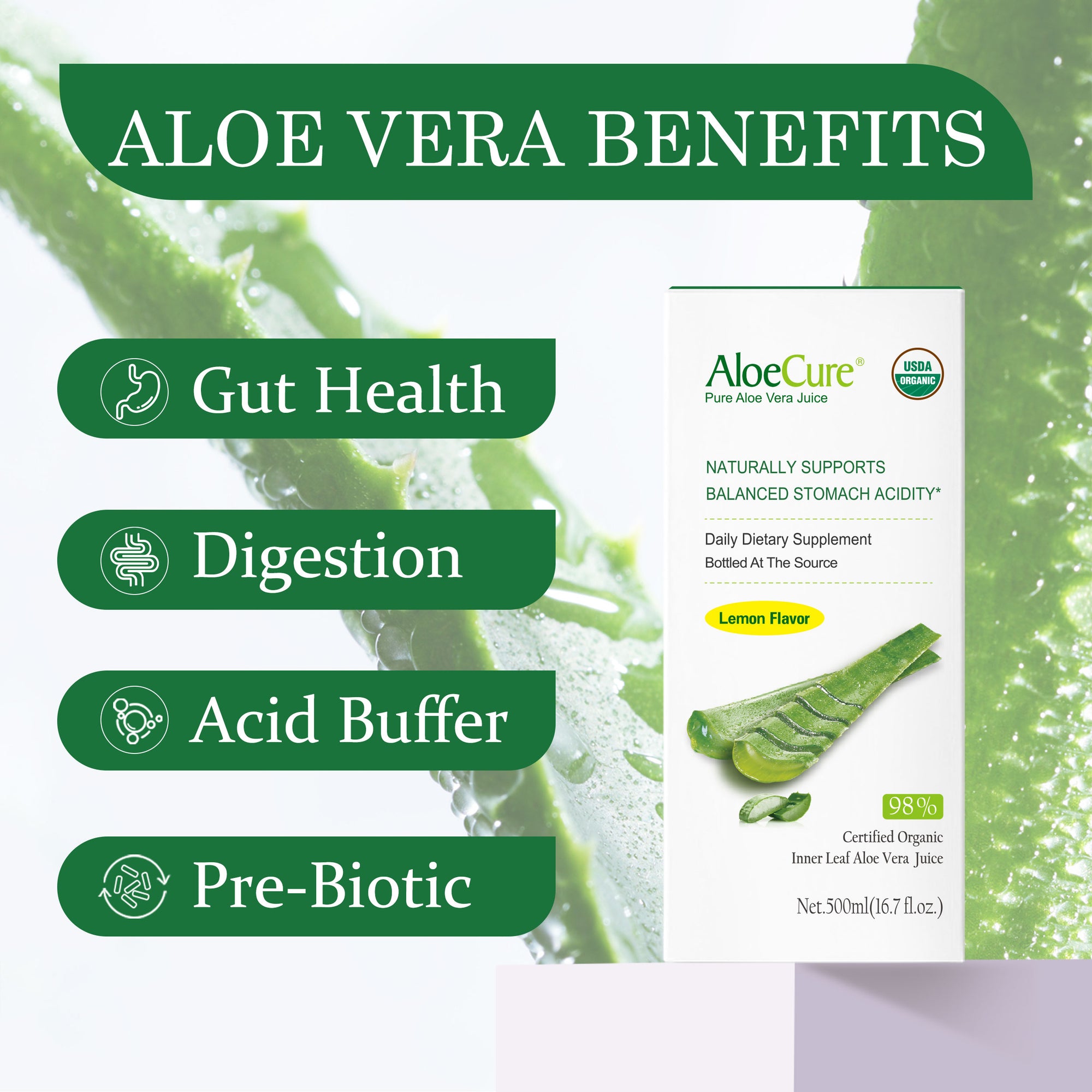 Pure Aloe Vera Juice Lemon Flavor - USDA Certified Organic