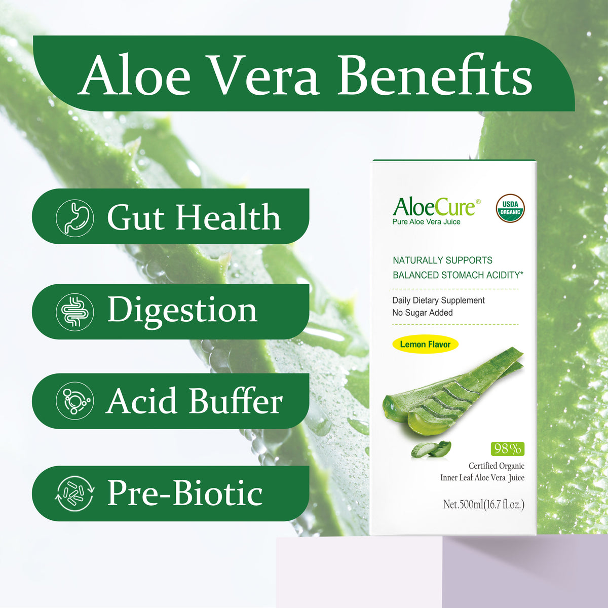 Pure Aloe Vera Juice Lemon Flavor - USDA Certified Organic