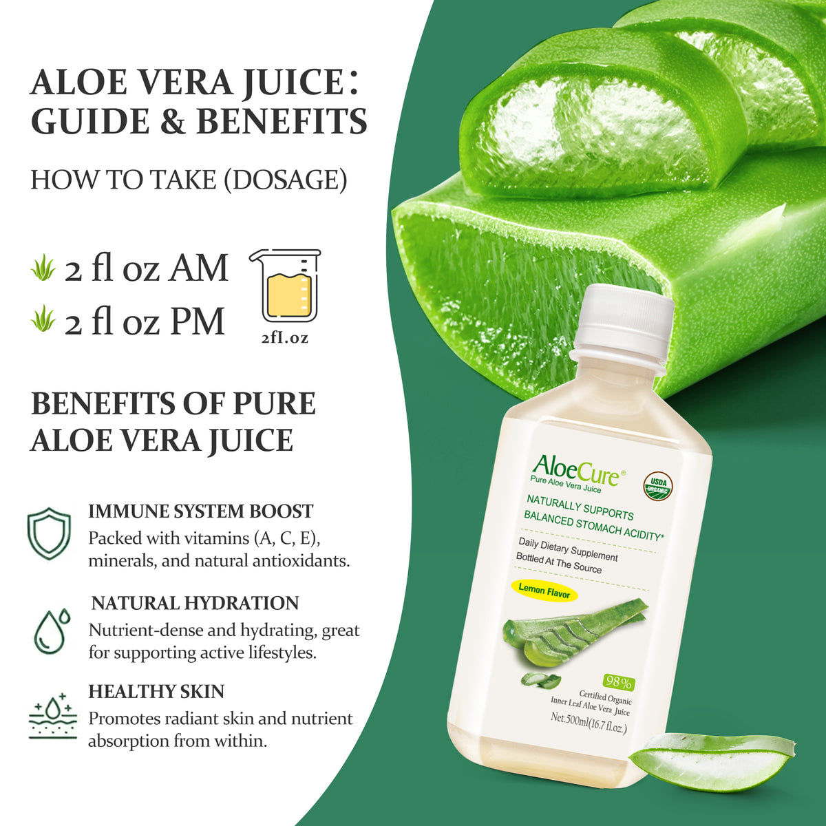 Pure Aloe Vera Juice Lemon Flavor - USDA Certified Organic