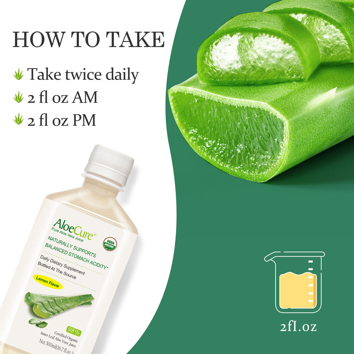 Pure Aloe Vera Juice Lemon Flavor - USDA Certified Organic