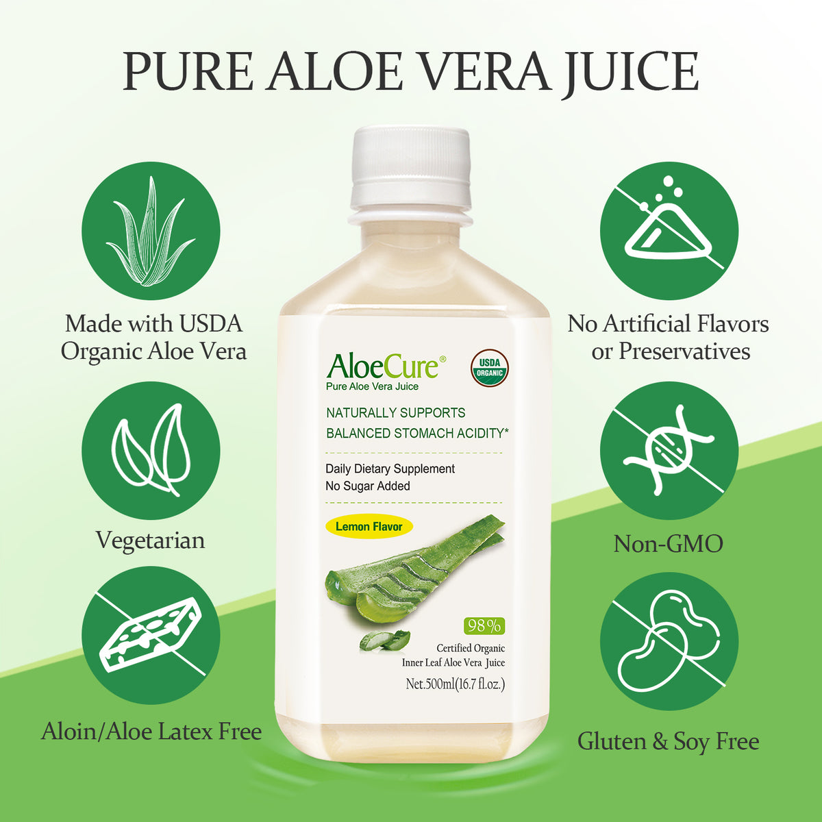 Pure Aloe Vera Juice Lemon Flavor - USDA Certified Organic