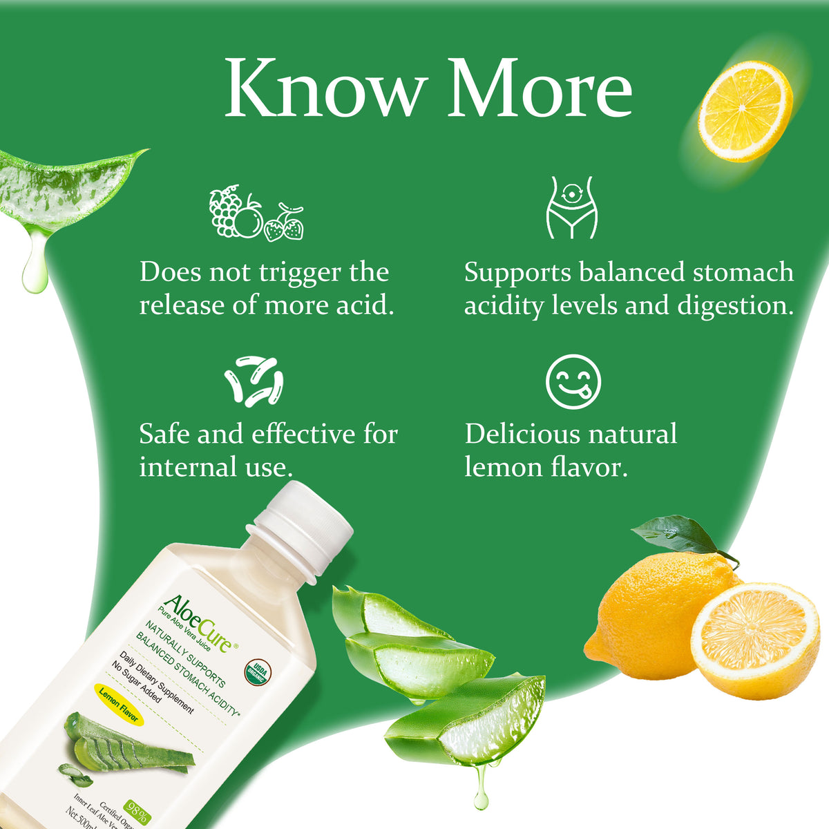 Pure Aloe Vera Juice Lemon Flavor - USDA Certified Organic