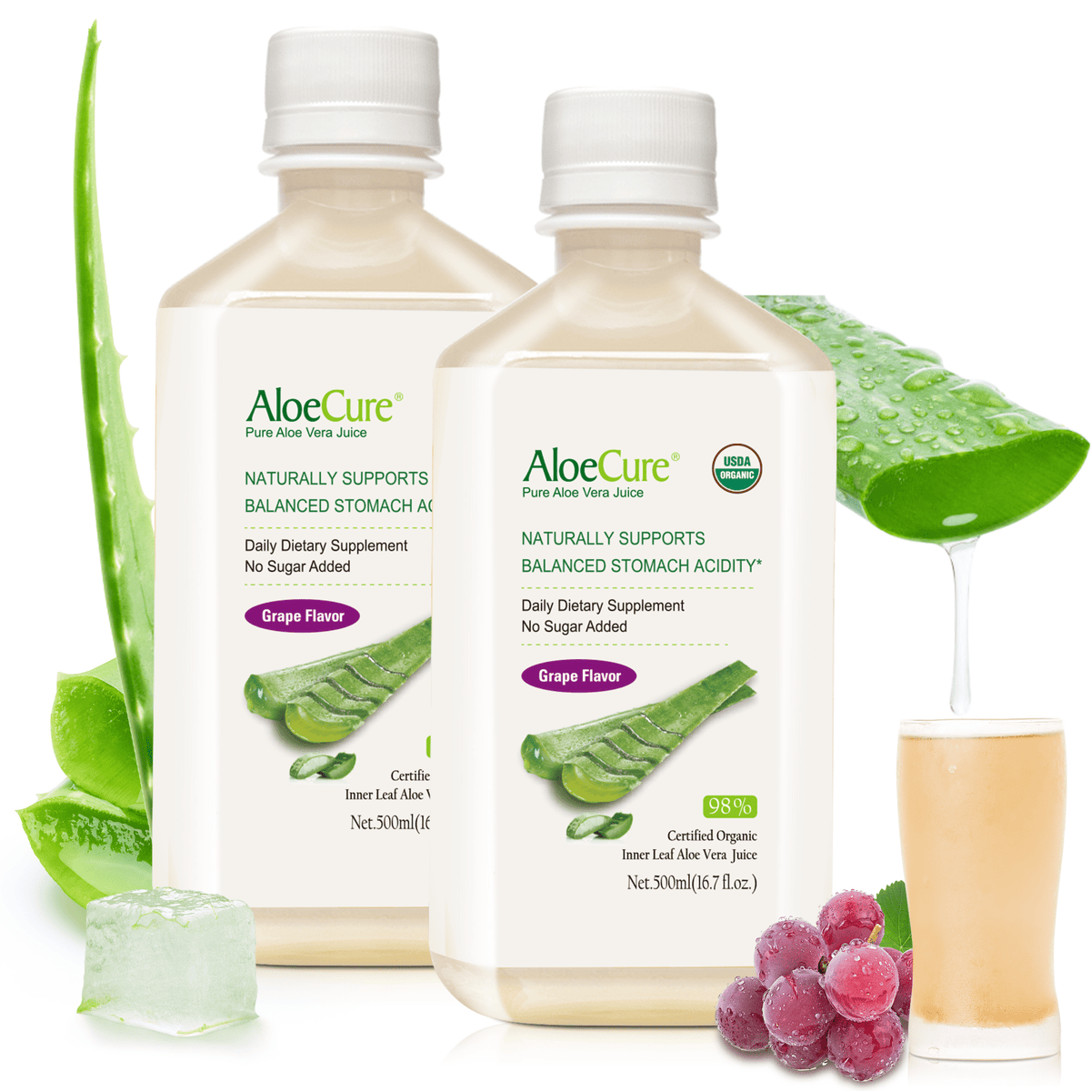 Pure Aloe Vera Juice Grape Flavor - USDA Certified Organic - AloeCure