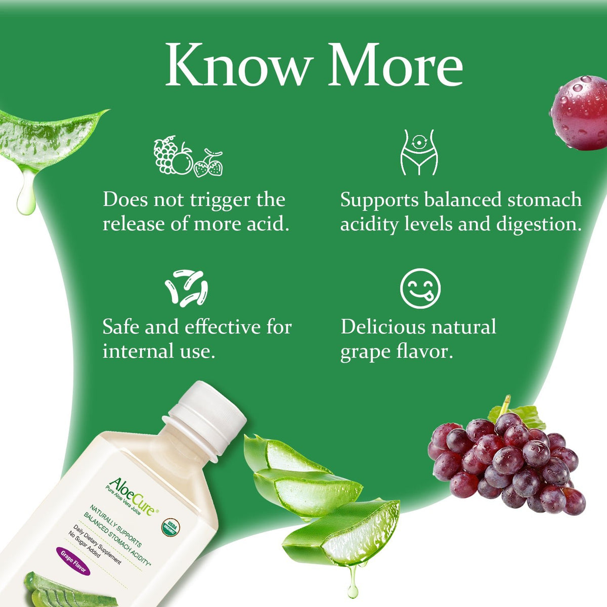 Pure Aloe Vera Juice Grape Flavor - USDA Certified Organic - AloeCure
