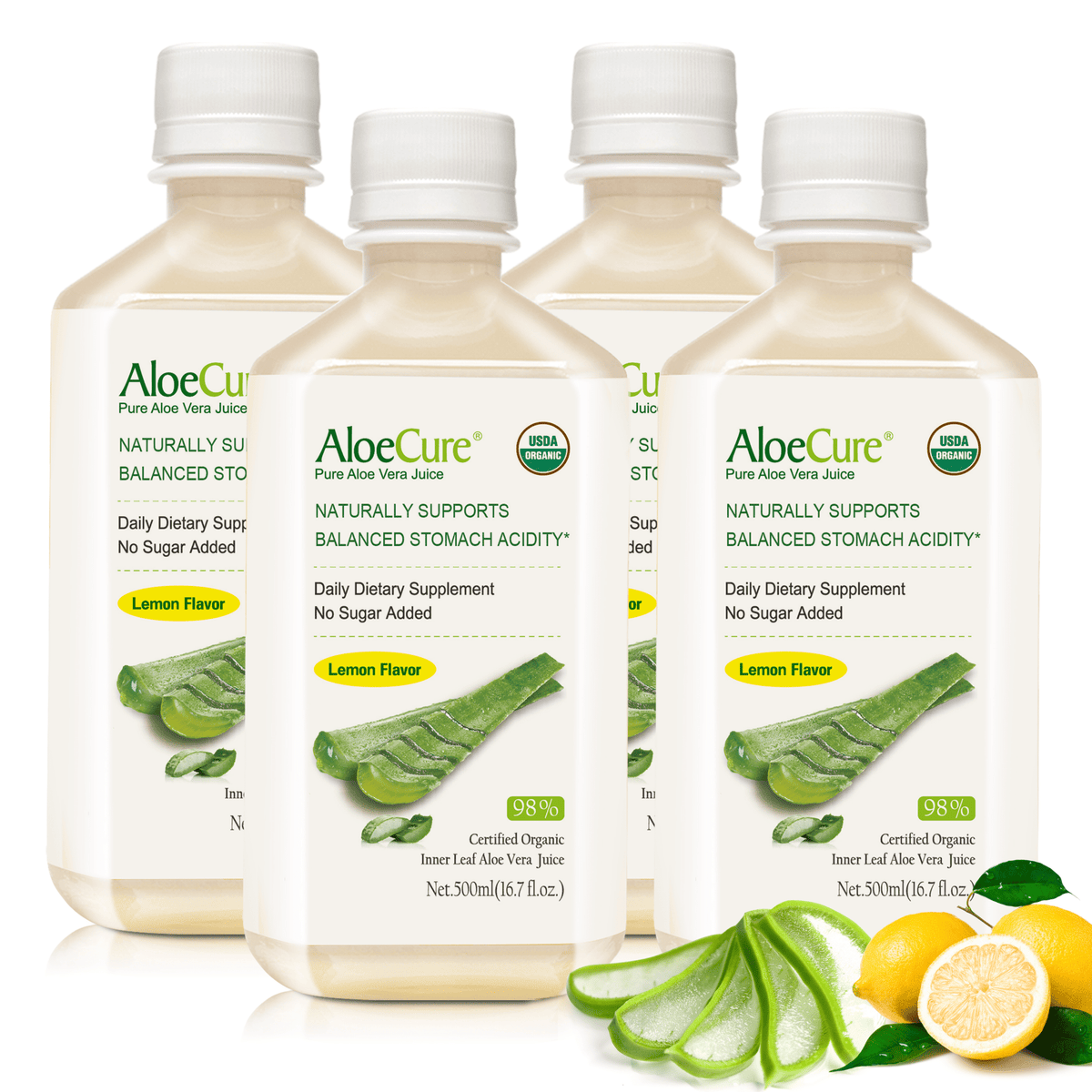 Pure Aloe Vera Juice Lemon Flavor - USDA Certified Organic - AloeCure