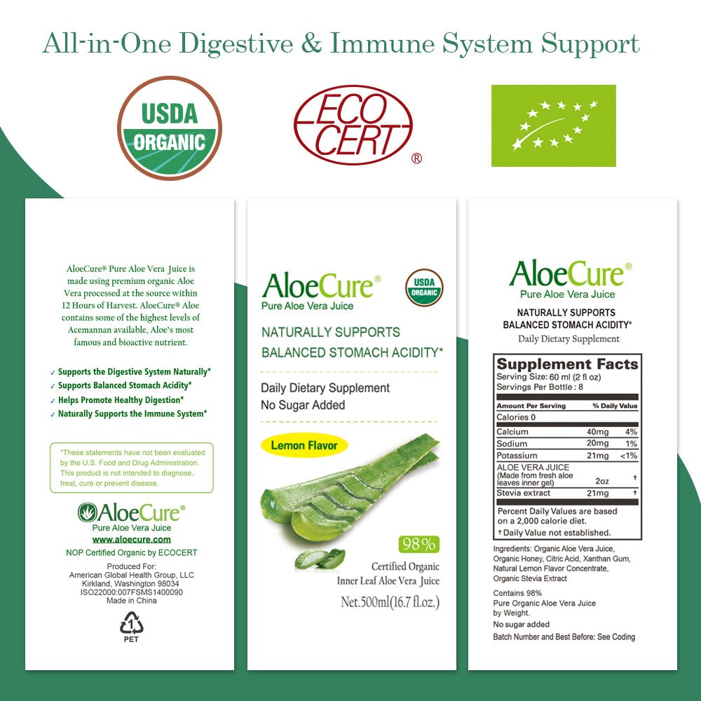 Pure Aloe Vera Juice Lemon Flavor - USDA Certified Organic - AloeCure